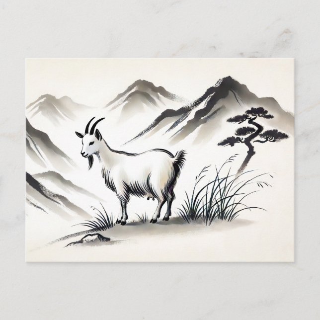 Postal Festiva Cabra elegante en la pradera con montañas (Anverso)