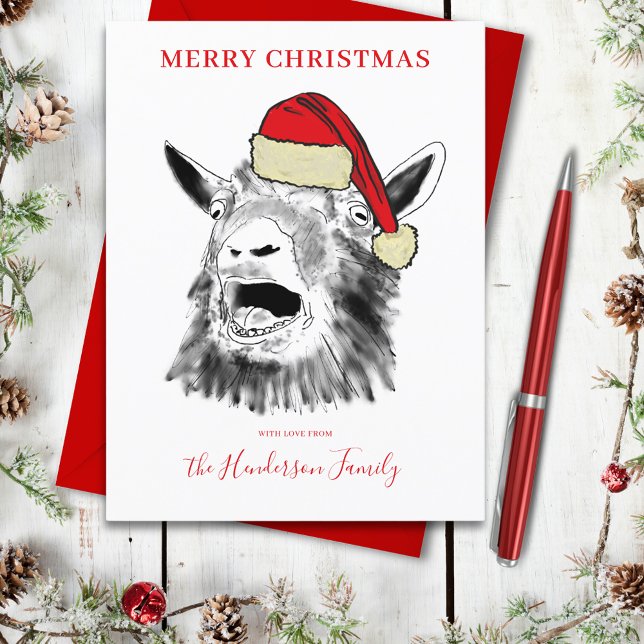 Postal Festiva Cabra navideña gritando personalizada  (Funny screaming goat christmas farm animal art personalized holiday greeting card)