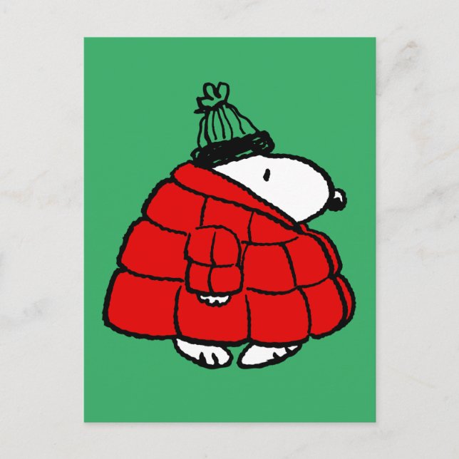 Postal Festiva Cacahuetes | Chaqueta Snoopy Red Puffer (Anverso)