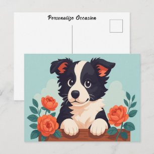 Postal Festiva Cachorro de Border Collie Naranja Rosas Arte Diver