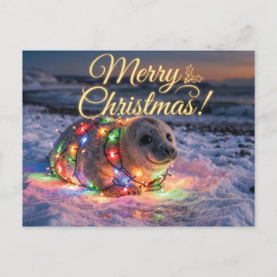 Postal Festiva Cachorro de foca adorable envuelto en luces de Nav