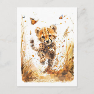 Postal Festiva Cachorro de Guepardo Juguetón y Mariposas