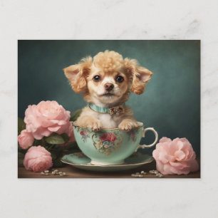Postal Festiva Cachorro en taza de té vintage con encanto caprich