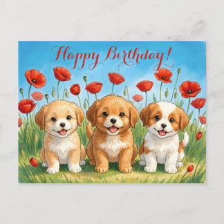 Postal Festiva Cachorros Adorables Personalizados y Amapolas Roja