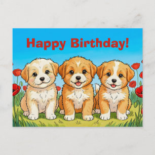 Postal Festiva Cachorros Adorables Personalizados y Amapolas Roja
