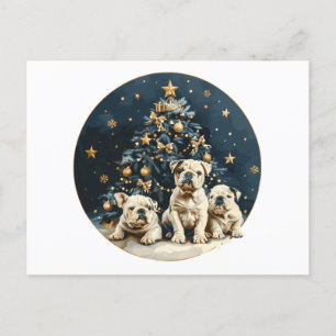 Postal Festiva Cachorros de Bulldog en inglés del árbol de Navida
