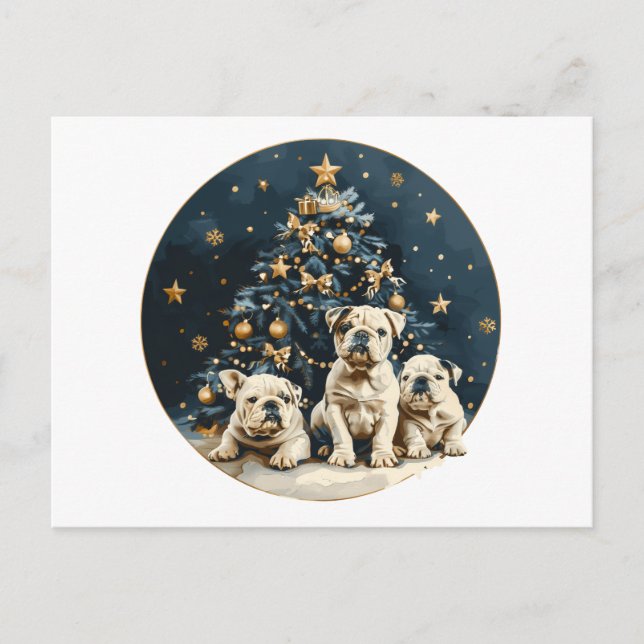 Postal Festiva Cachorros de Bulldog en inglés del árbol de Navida (Anverso)