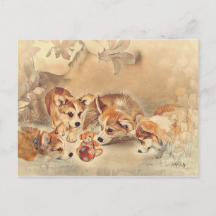 Postal Festiva Cachorros de Corgi galés