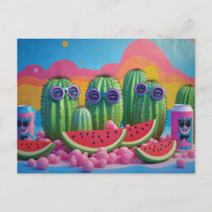 Postal Festiva Cactus divertidos con gafas de sol, sandía y dulce