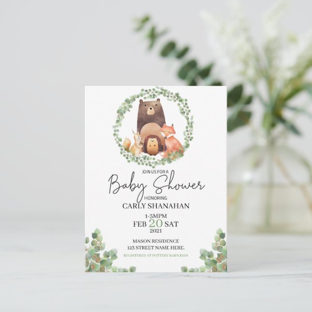 Postal Festiva CADA Baby Shower de bosque|Acuarela|bosque (Anverso de pie)