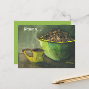 Postal Festiva Café matutino con tazón de judías (acuarela)
