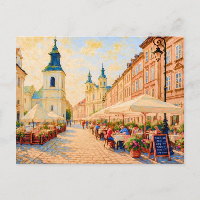 Postal Festiva Café por la mañana en la Ciudad Vieja de Varsovia  (Anverso)