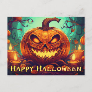 Postal Festiva Calabaza con cara de miedo entre velas, Halloween