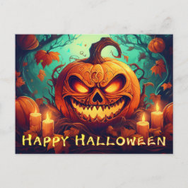 Postal Festiva Calabaza con Cara de Terror entre Velas, Halloween