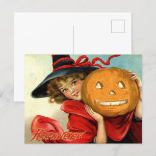 Postal Festiva calabaza de brujas vintage de Halloween