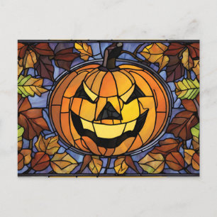 Postal Festiva Calabaza de Halloween de vidrio templado y hojas d