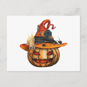 Postal Festiva Calabaza de Halloween muy espantosa tallada y arañ
