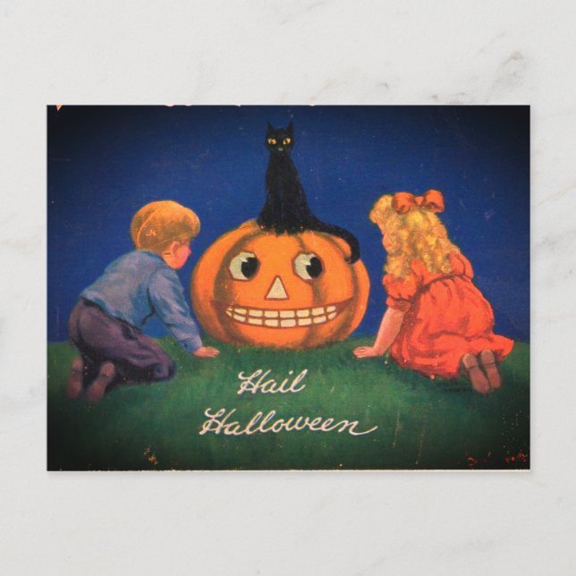 Postal Festiva Calabaza de Halloween y cosecha de gato negro (Anverso)