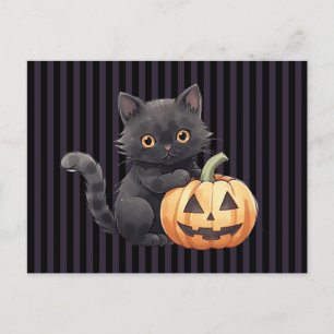 Postal Festiva Calabaza de Jack-O' Lantern de gato negro a rayas 