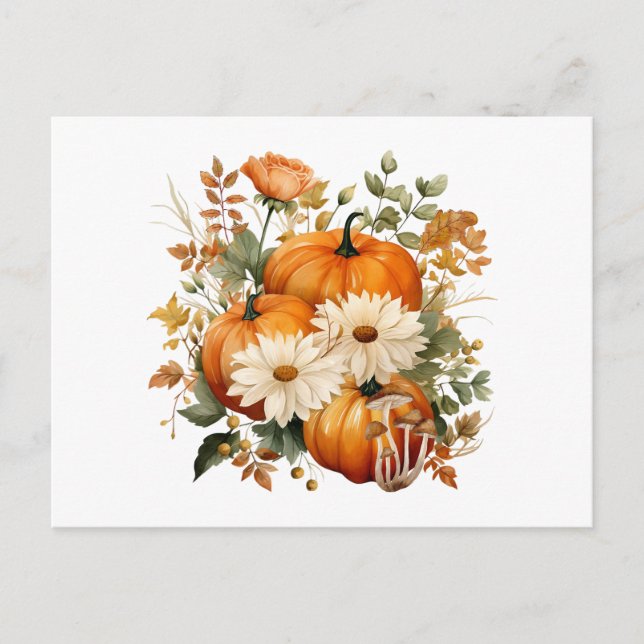 Postal Festiva Calabaza de otoño y Ilustracion de flores (Anverso)