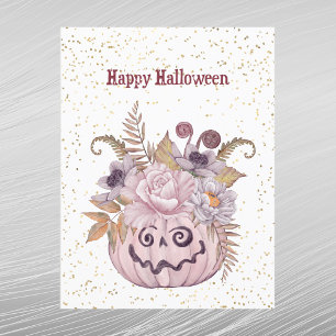 Postal Festiva Calabaza floral rosa de Halloween