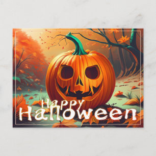 Postal Festiva Calabaza naranja aterradora con cara, Halloween