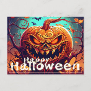Postal Festiva Calabaza naranja aterradora con cara, Halloween