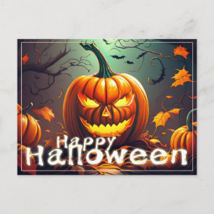 Postal Festiva Calabaza naranja aterradora con cara, Halloween