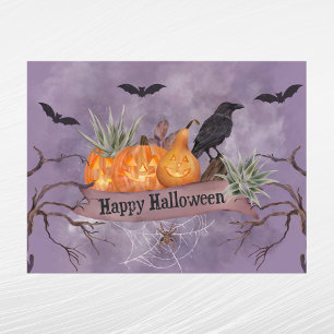Postal Festiva Calabaza Naranja de Halloween Cuervo Murciélagos A