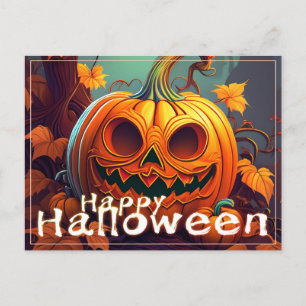 Postal Festiva Calabaza naranja espeluznante con cara, Halloween