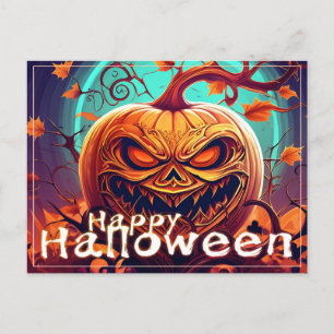 Postal Festiva Calabaza naranja espeluznante con cara, Halloween