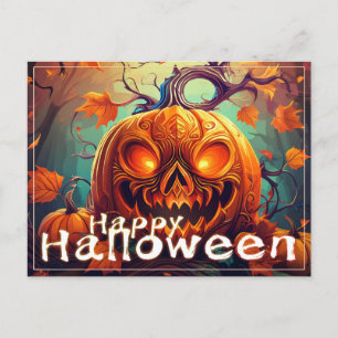 Postal Festiva Calabaza naranja espeluznante con cara, Halloween