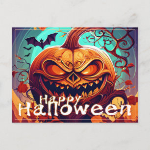 Postal Festiva Calabaza naranja espeluznante con cara, Halloween