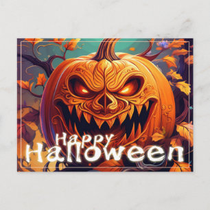 Postal Festiva Calabaza naranja espeluznante con cara, Halloween