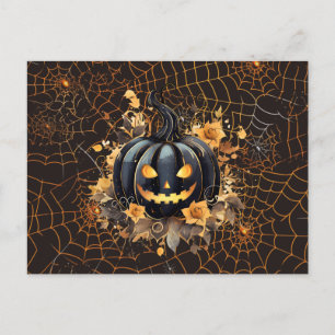 Postal Festiva Calabaza Negra de Halloween Telarañas Naranjas