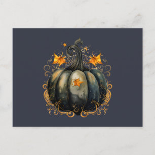 Postal Festiva Calabaza Negra Hojas de Trabajos en Oro Halloween