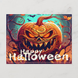 Postal Festiva Calabaza siniestra de Halloween con murciélagos Ar