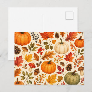 Postal Festiva Calabazas de Acuarela de Otoño, Hojas de Otoño y B