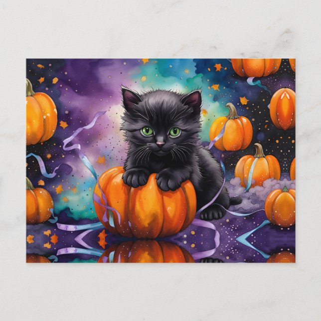 Postal Festiva Calabazas de gatito negro y cinta de opciones (Anverso)