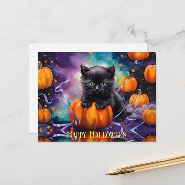 Postal Festiva Calabazas de gatito negro y cinta de opciones (Anverso/Reverso In Situ)