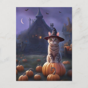 Postal Festiva Calabazas de gatos de peluca de Halloween