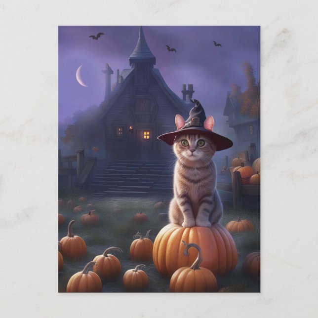 Postal Festiva Calabazas de gatos de peluca de Halloween (Anverso)