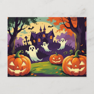 Postal Festiva Calabazas de Halloween, fantasma y casa embrujada