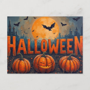 Postal Festiva Calabazas de luna llena de Halloween y murciélagos