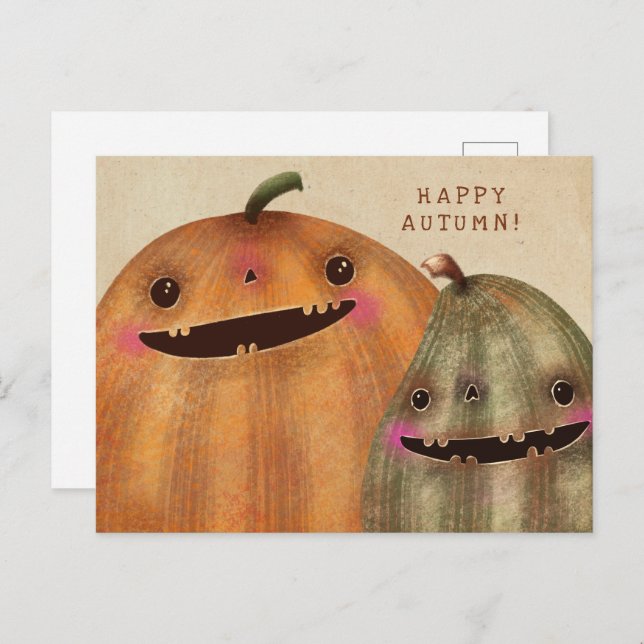 Postal Festiva Calabazas felices - Halloween lindo (Anverso / Reverso)
