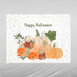 Postal Festiva Calabazas naranjas de Halloween flores confeti dor