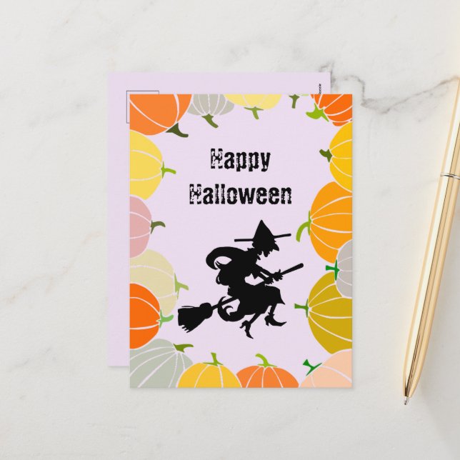 Postal Festiva Calabazas Naranjas de la espeluznante Bruja Volado (Anverso/Reverso In Situ)