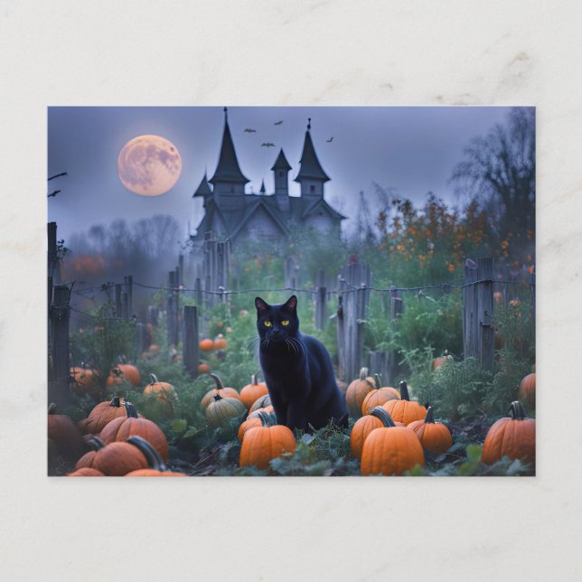 Postal Festiva Calabazas negras para gatos en la casa (Anverso)