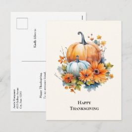 Postal Festiva Calabazas otoñales con flores Acción de Gracias