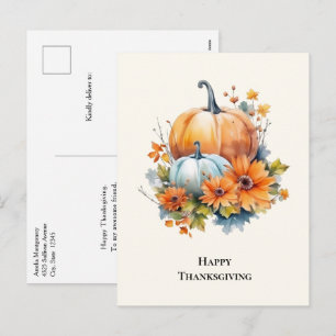 Postal Festiva Calabazas otoñales con flores Acción de Gracias
